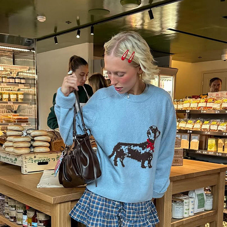 Damer strikket sweater med hundemotiv Stilla