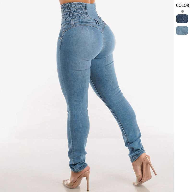 Kvindernes højtaljede jeans med elastisk talje og dekorativ knaplukning Stilla