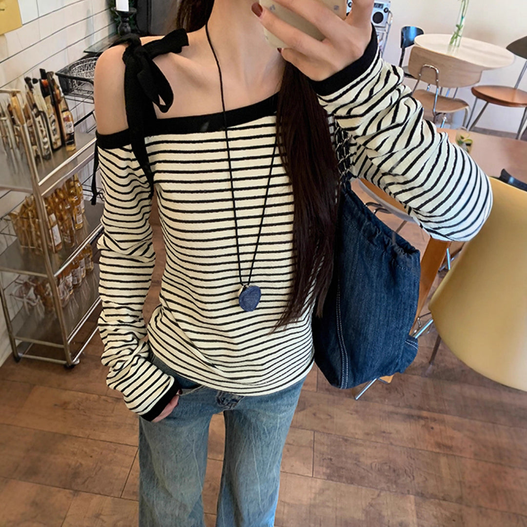 Kvinders Off-Shoulder Langærmet Skjorte med Stribet Mønster Stilla