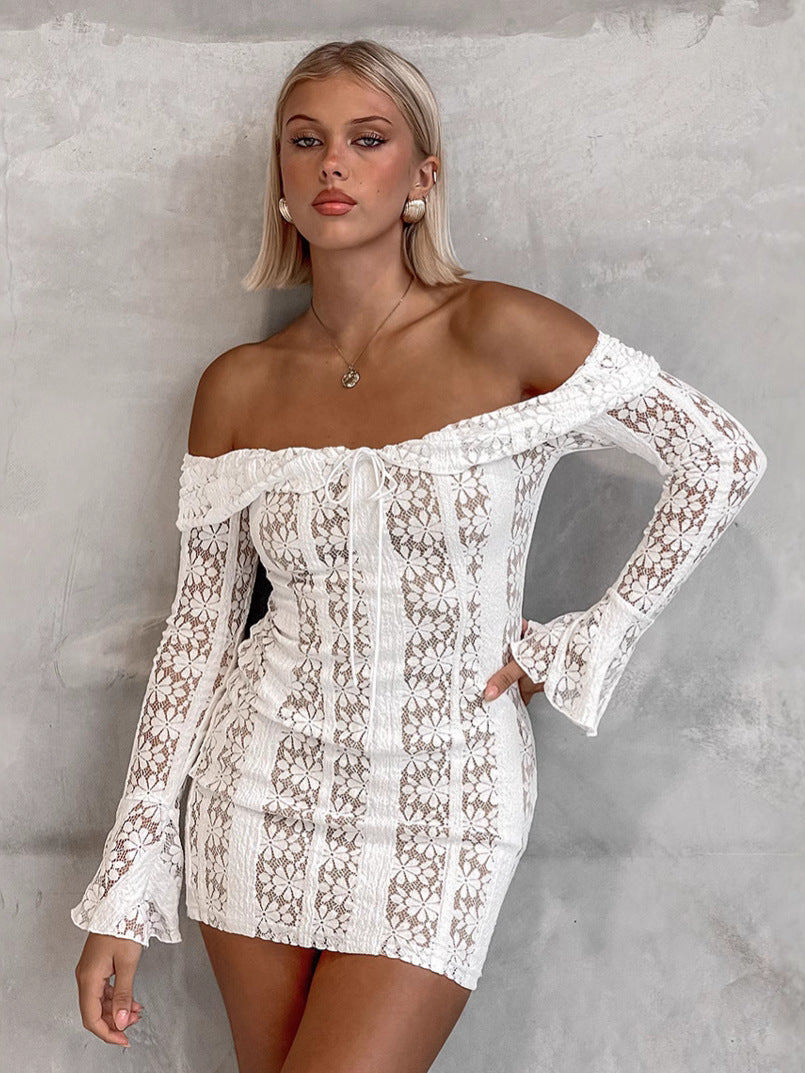 Dame Off-Shoulder Kjole med gennembrudt blonde og afslappede ærmer Stilla