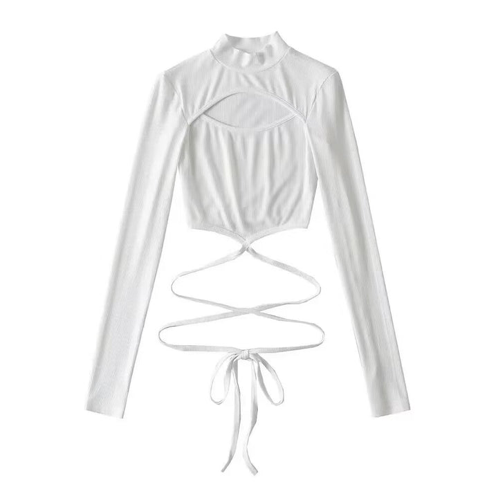 Dame crop langærmet top med fashionable bindebælte og raffinerede cut-out detaljer Stilla
