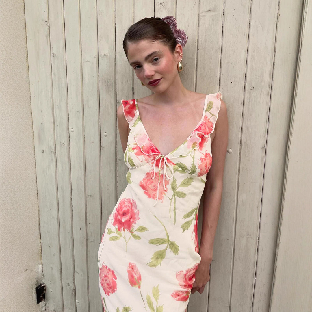 Dame maxikjole med blomster cut-out og fine spaghetti stropper Skovae