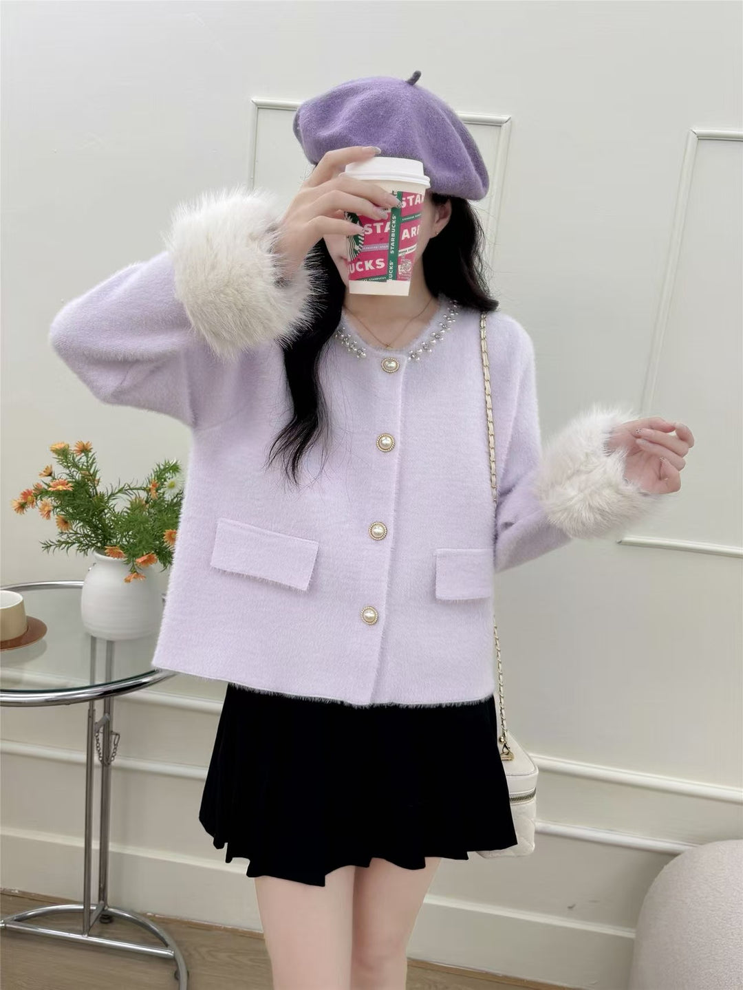 Damer elegant cardigan med perle dekoration og fluffy ærmer Stilla