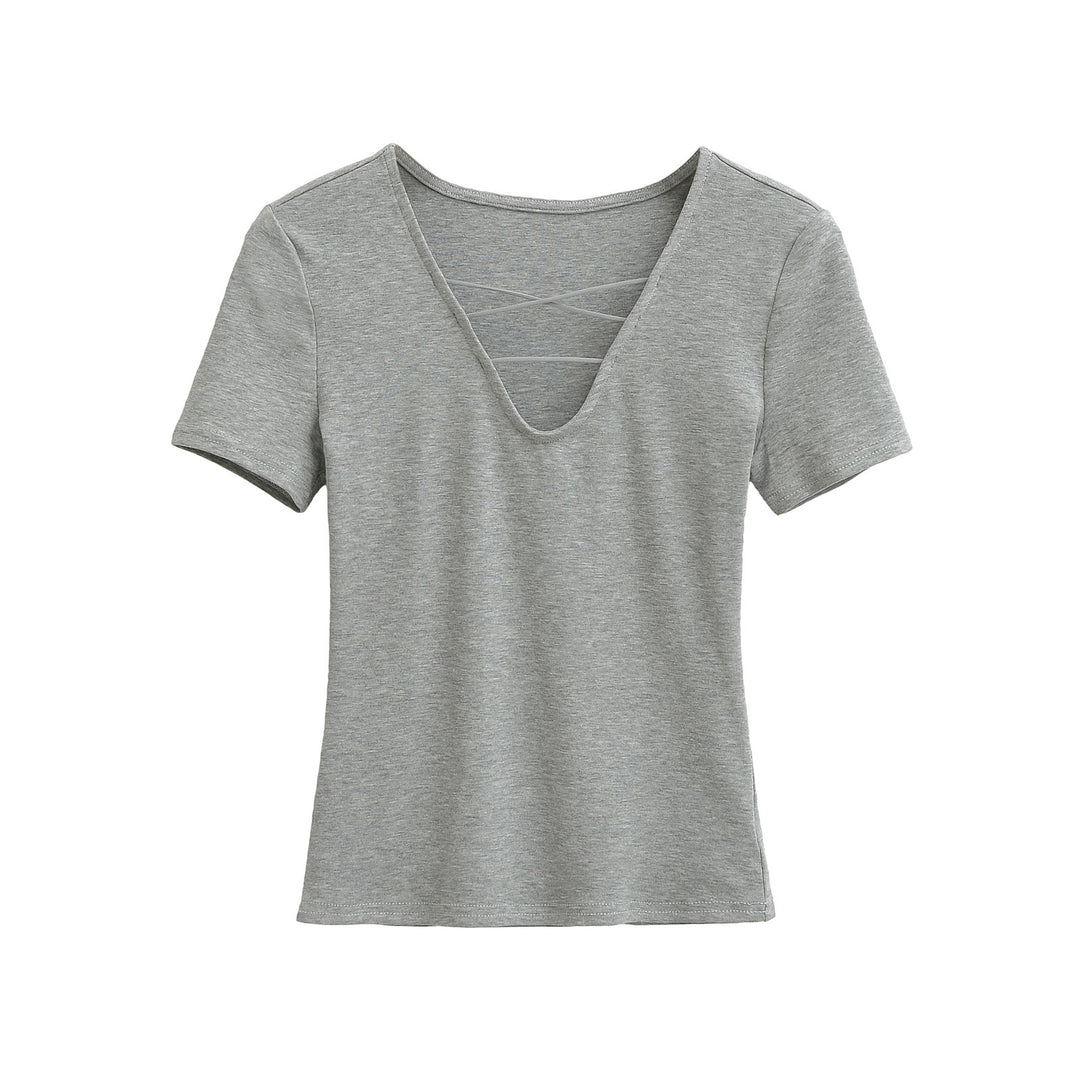 Dame afslappet V-hals T-shirt med unikt rygdesign Stilla