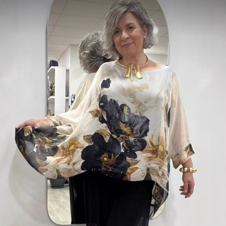 Dame nan luftig chiffon-tunika med flagermusærmer, asymmetrisk søm og blomsterprint Skovae