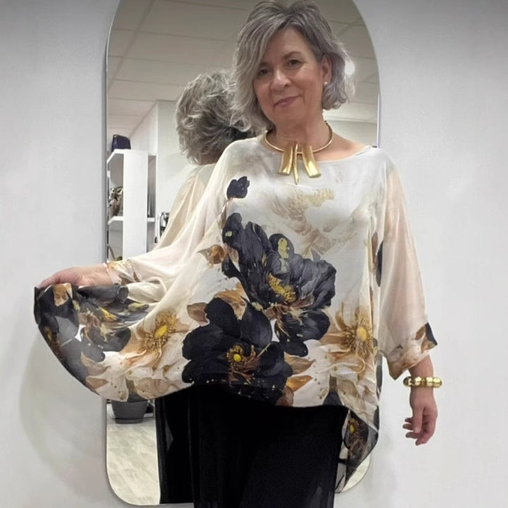 Dame nan luftig chiffon-tunika med flagermusærmer, asymmetrisk søm og blomsterprint Skovae