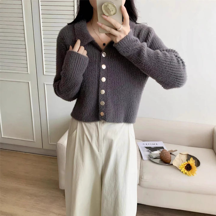 Dame Stilfuld Kort Cardigan med Knap Detaljer og V-Hals Stilla