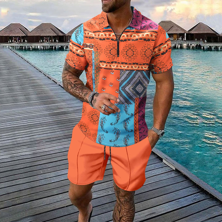 Herrer casual strandoutfit med unikt grafisk mønster og korte shorts Stilla