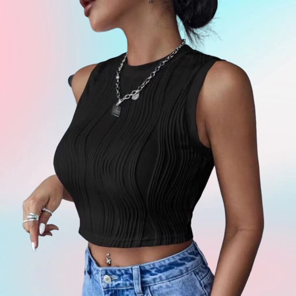 Kvindernes crop top med tekstureret overflade og høj hals
