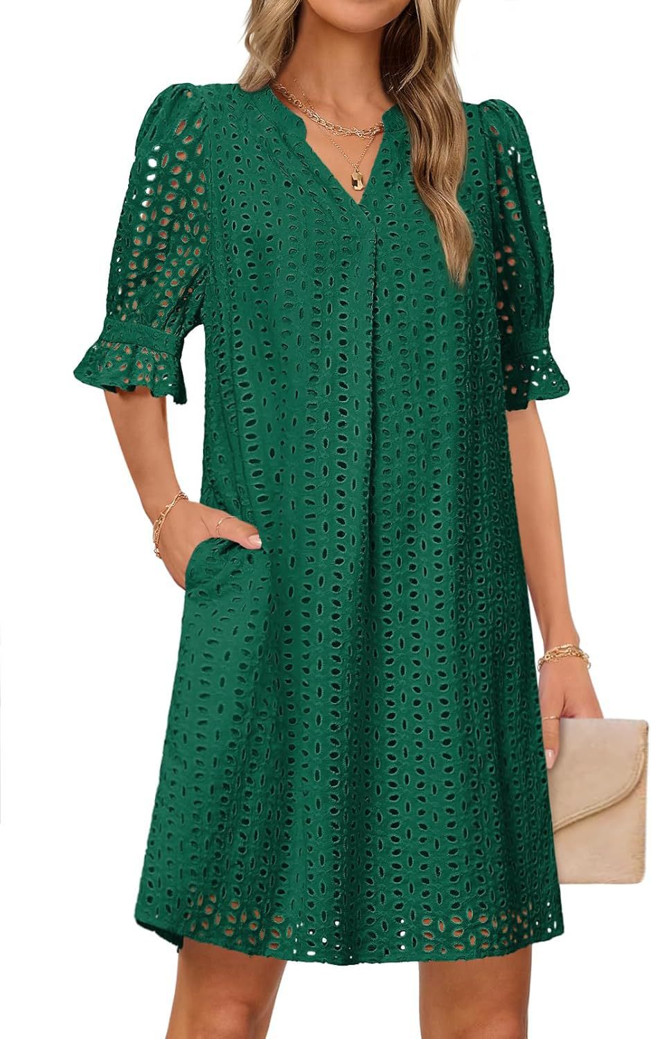 Kvinder Eyelet Midi Kjole med Puffærmer Stilla