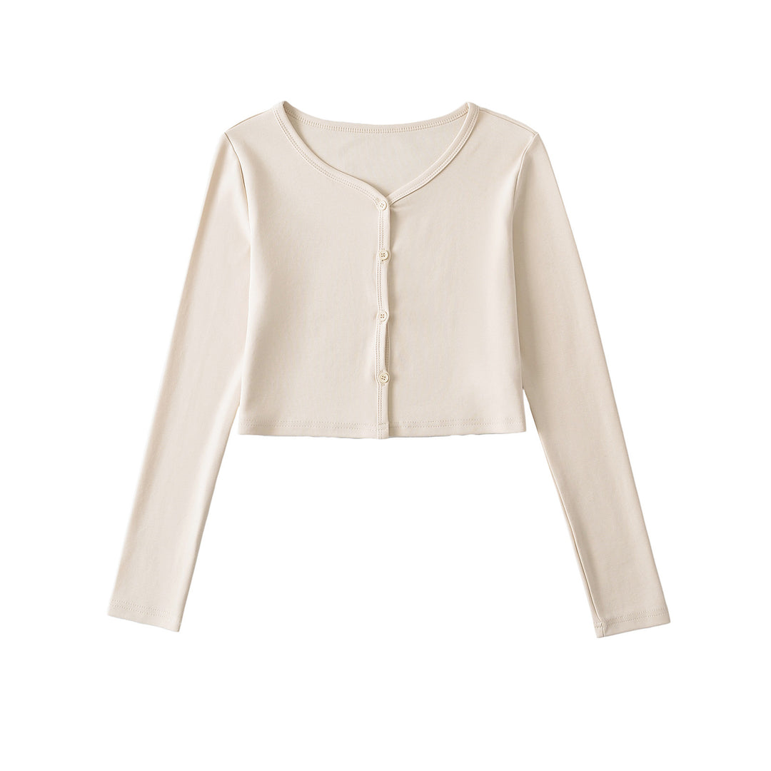 Dame Langærmet Crop-Top med elegant V-udskæring og knapbar design Stilla