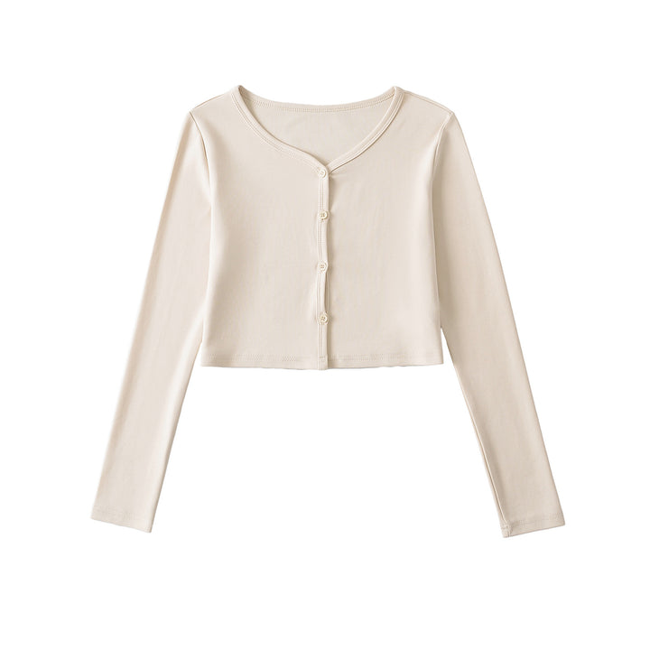 Dame Langærmet Crop-Top med elegant V-udskæring og knapbar design Stilla