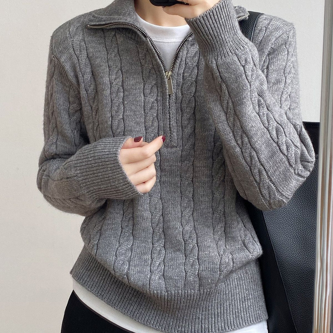Femme Kabelstrik V-kvart-lynlå Pullover Sweater Stilla