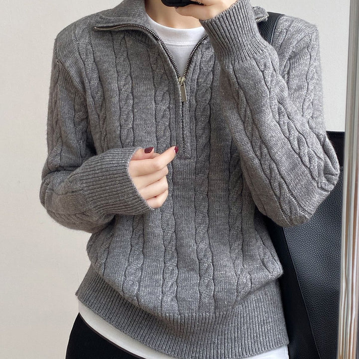Femme Kabelstrik V-kvart-lynlå Pullover Sweater Stilla