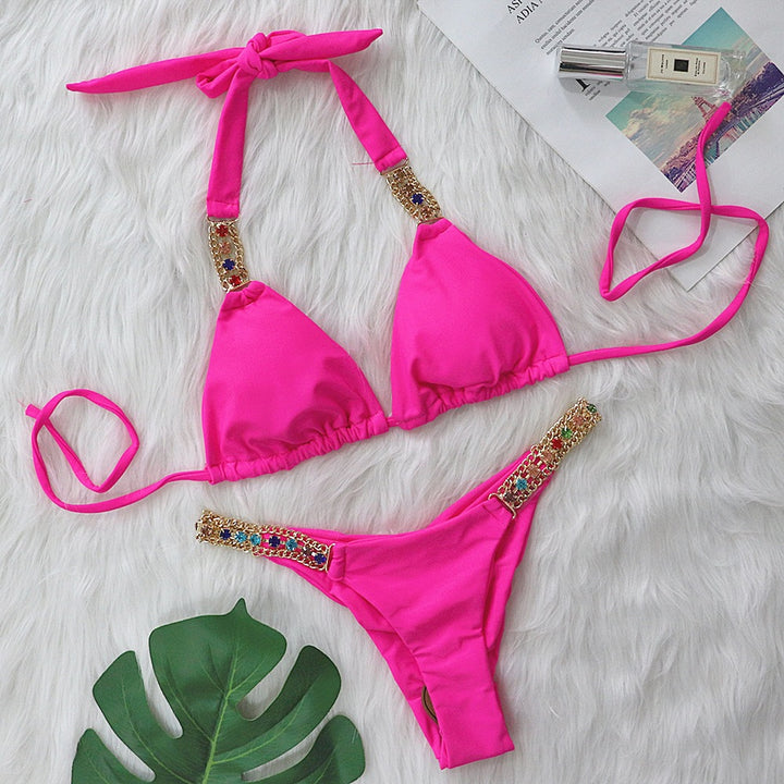 Dame Elegante Bejeweled Triangle Bikini Sæt Stilla