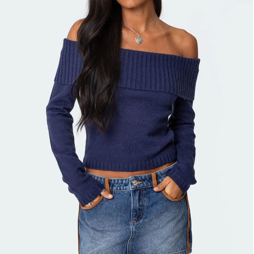 Dame Off-Shoulder Strikoverdel med ribbe-elementer og cropped snit Stilla