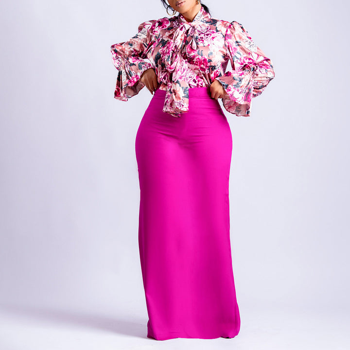 Dame Elegant bluse sæt med blomster mønster og tætsiddende midiskørt Stilla