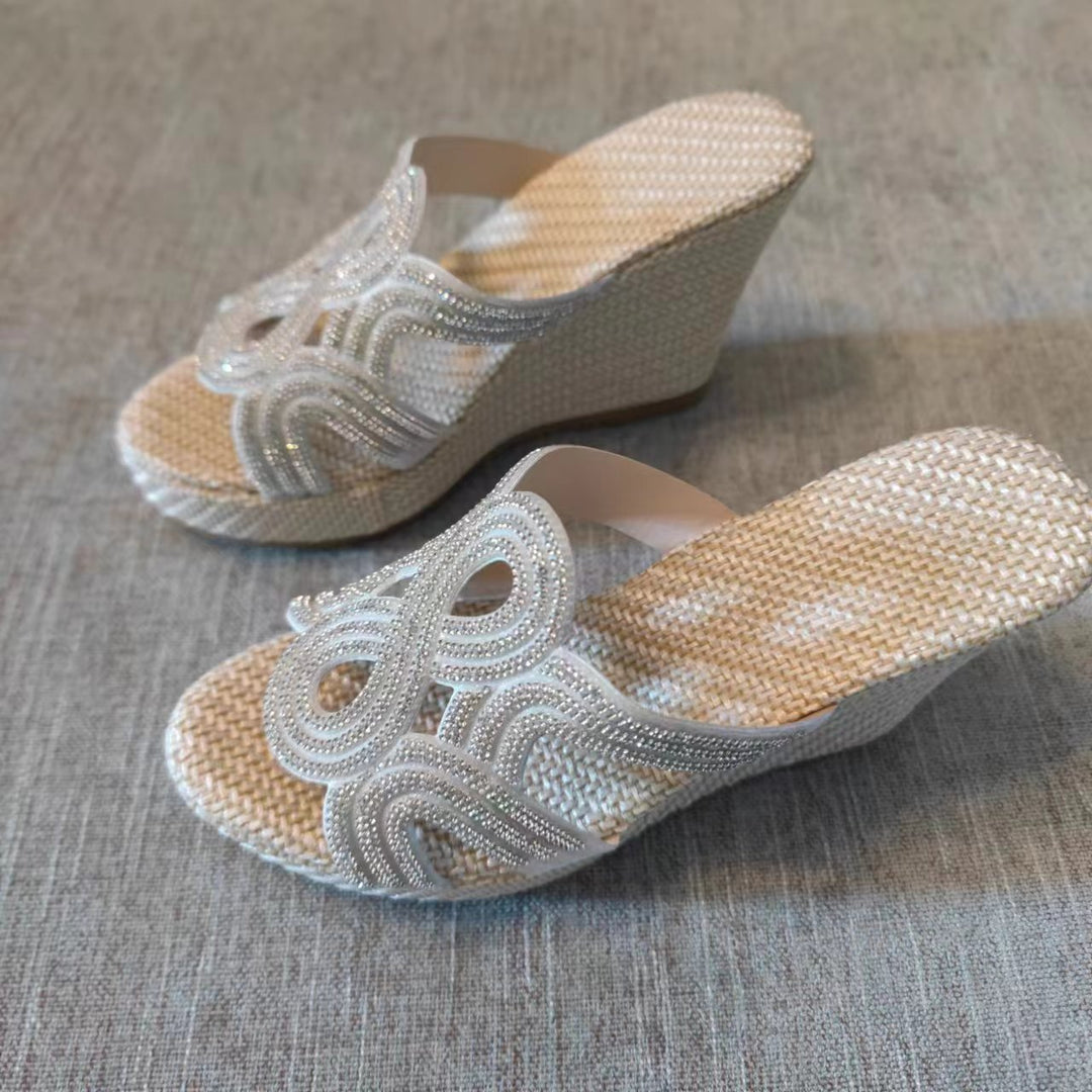 Dame Wedge Sandaler med glitrende pyntedesign og højkvalitets Rattan-sål Stilla