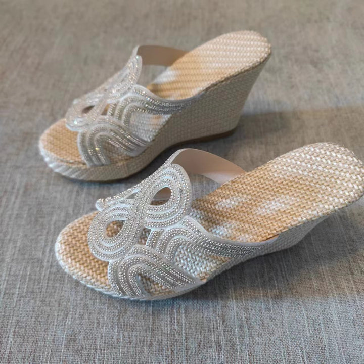 Dame Wedge Sandaler med glitrende pyntedesign og højkvalitets Rattan-sål Stilla