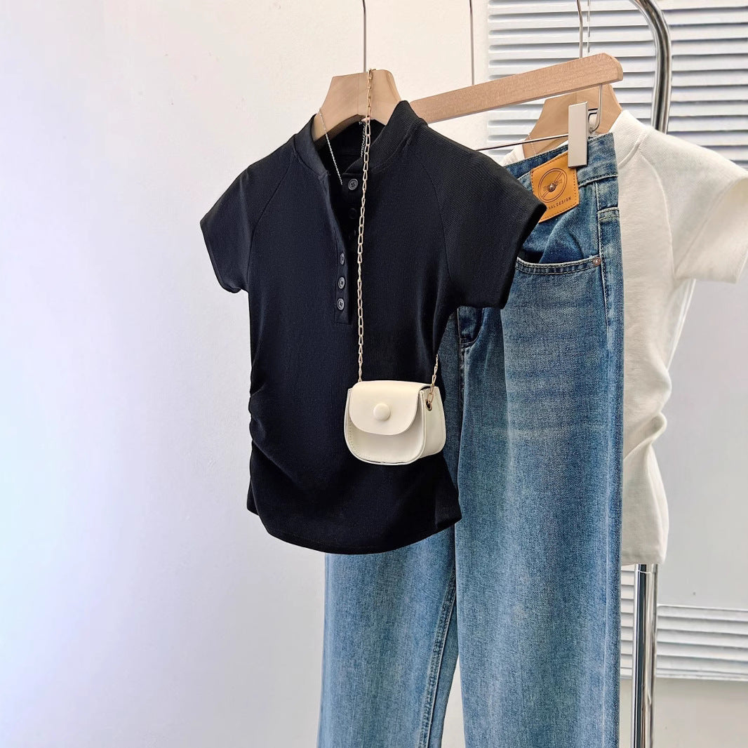 Femme Kortærmet Rynkning Henley Overdel med Knapdetalje Stilla