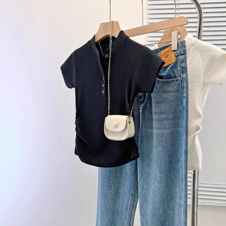 Femme Kortærmet Rynkning Henley Overdel med Knapdetalje Stilla