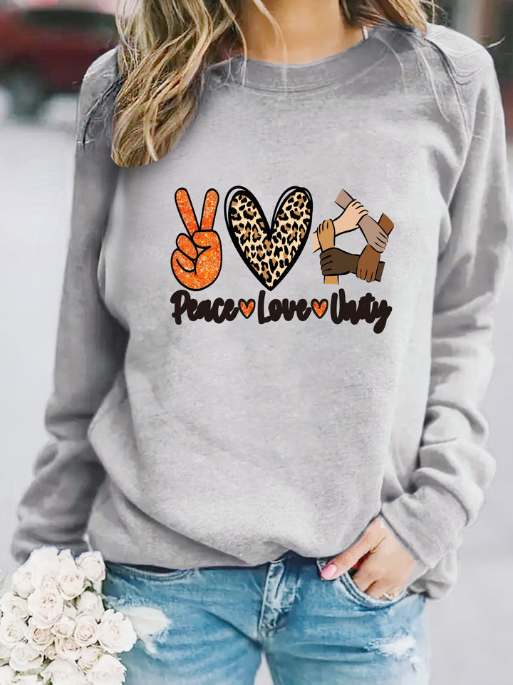 Kvinders sweatshirt med kreativt Peace, Love & Unity design Stilla