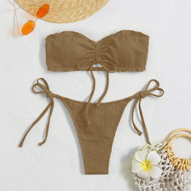 Dame Bikini-sæt med rynket bandeau-top og legesygt knude-design Stilla