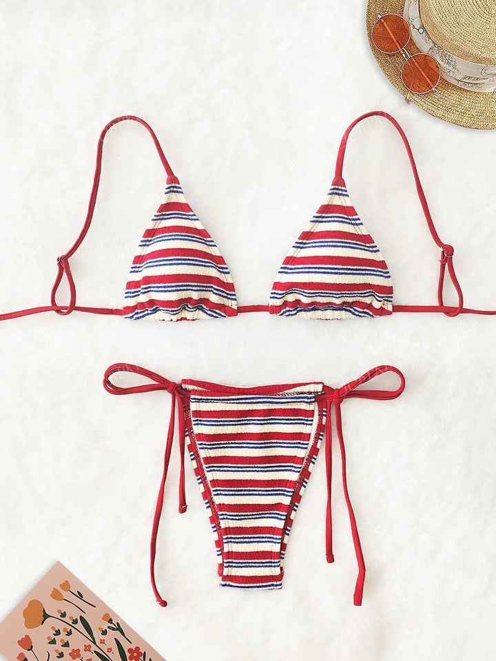 Dame triangel-bikini med farverigt stribemønster Skovae