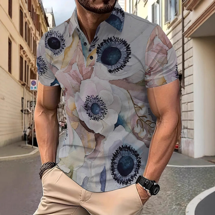 Herrer polo t-shirt med floralt akvarelmotiv og høj kvalitets bomuldsblanding Stilla