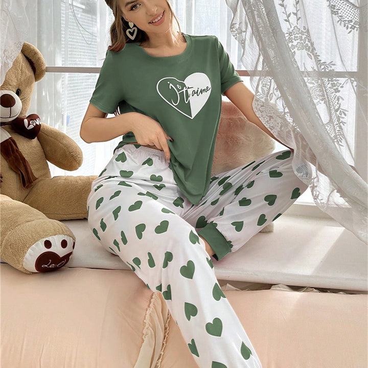 Dame pyjamasæt med hjerte motiv og komfortabel elastisk talje Stilla
