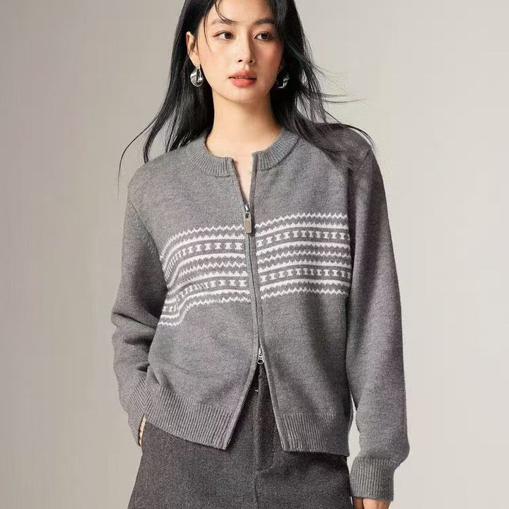 Kvinders cardigan med elegant lynlås og grafisk mønster Stilla