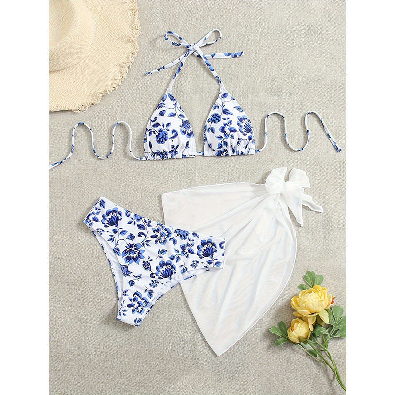 Dame Triangel-Bikini-Sæt med floral mønster og let overtræk Skovae