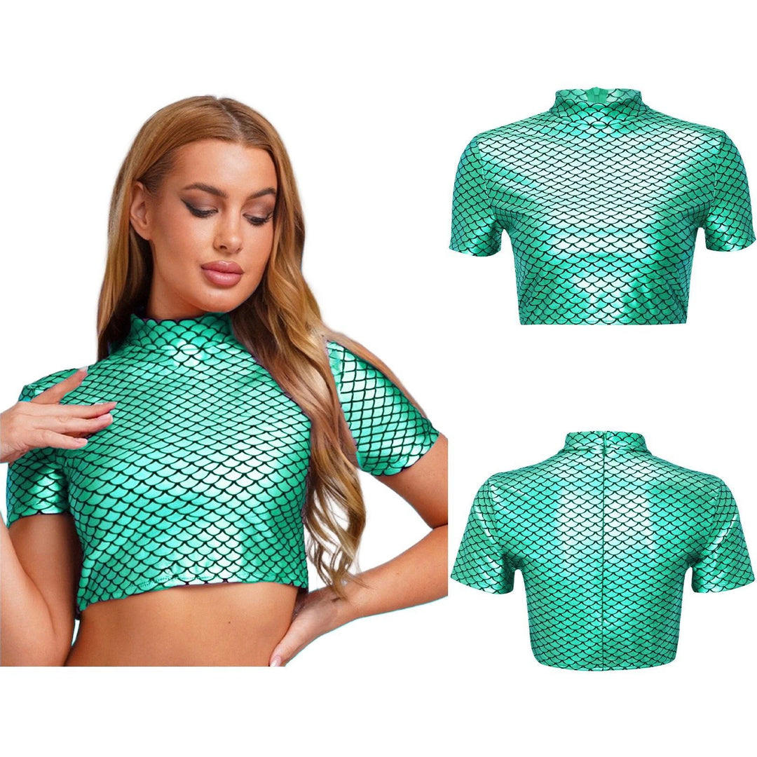 Dame Glitrende Cropped Shirt med glitrende fiskskæl-mønster Skovae