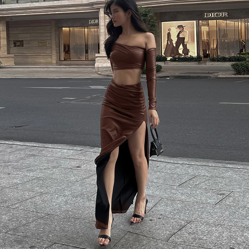 Dame elegant asymmetrisk cropped-top med lange ærmer Skovae