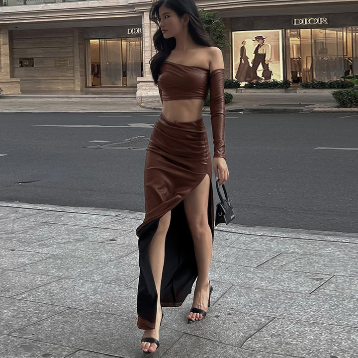 Dame elegant asymmetrisk cropped-top med lange ærmer Skovae