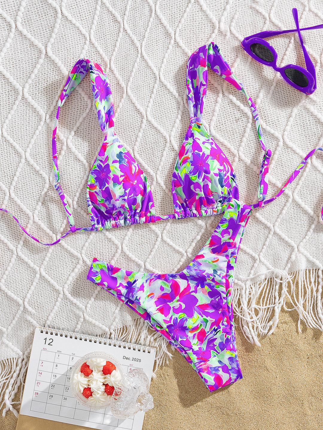 Damer triangel-bikini med farverigt blomsterdesign og justerbare stropper Skovae