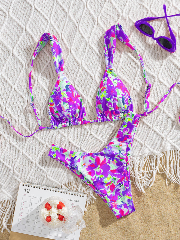 Damer triangel-bikini med farverigt blomsterdesign og justerbare stropper Skovae