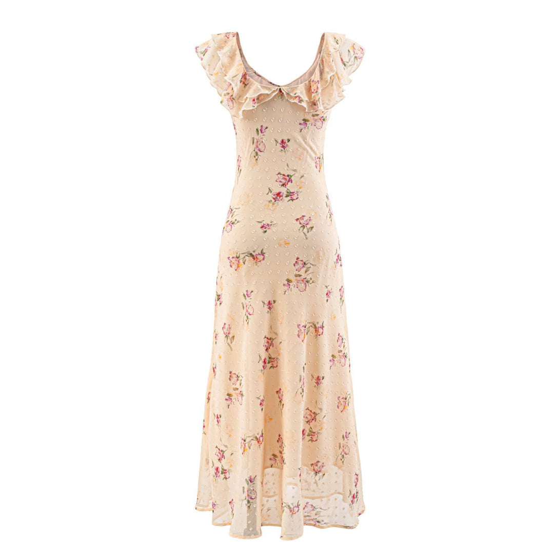 Dame maxikjole med blomstret design og elegante rucherdetaljer Skovae
