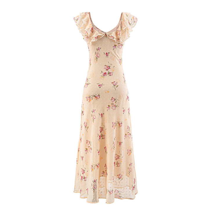 Dame maxikjole med blomstret design og elegante rucherdetaljer Skovae