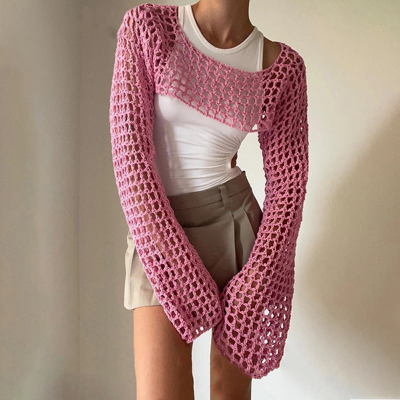 Dame hæklede langærmet top med off-shoulder design Skovae