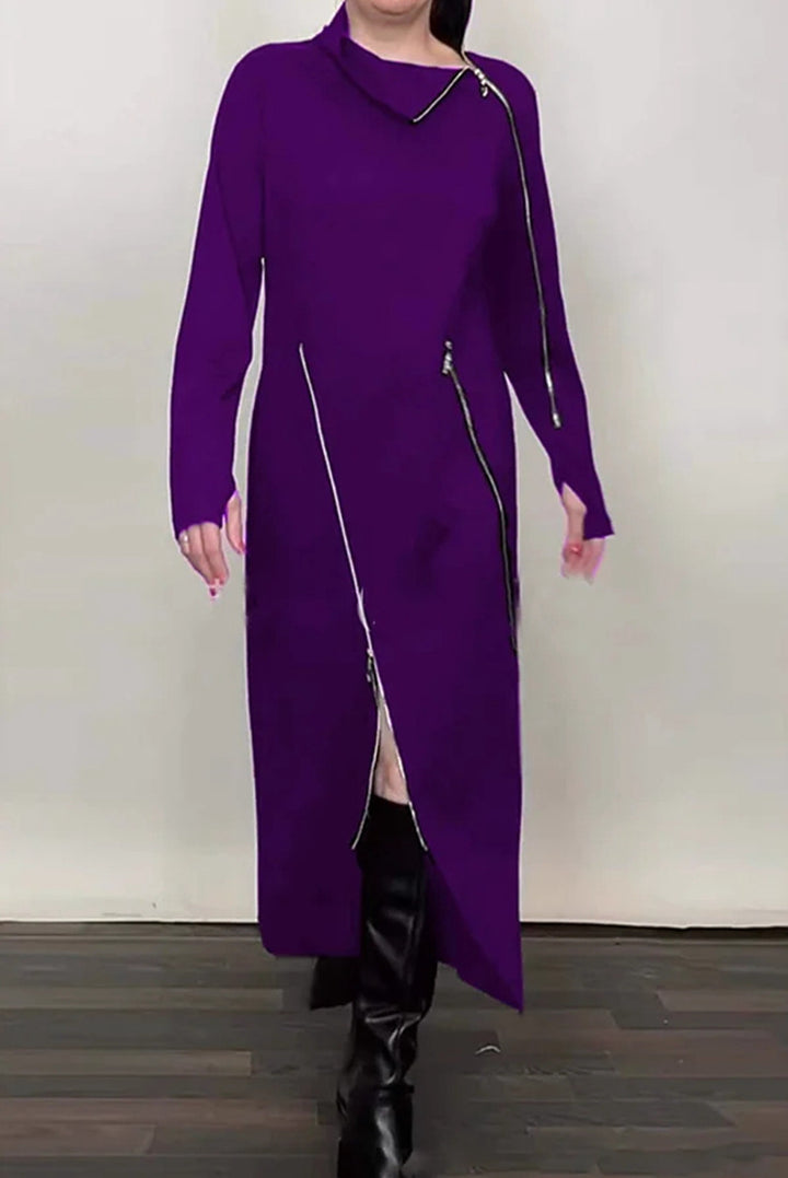 Dame nan langes strikkjole med asymmetrisk metallyzipper og frontsplit Skovae