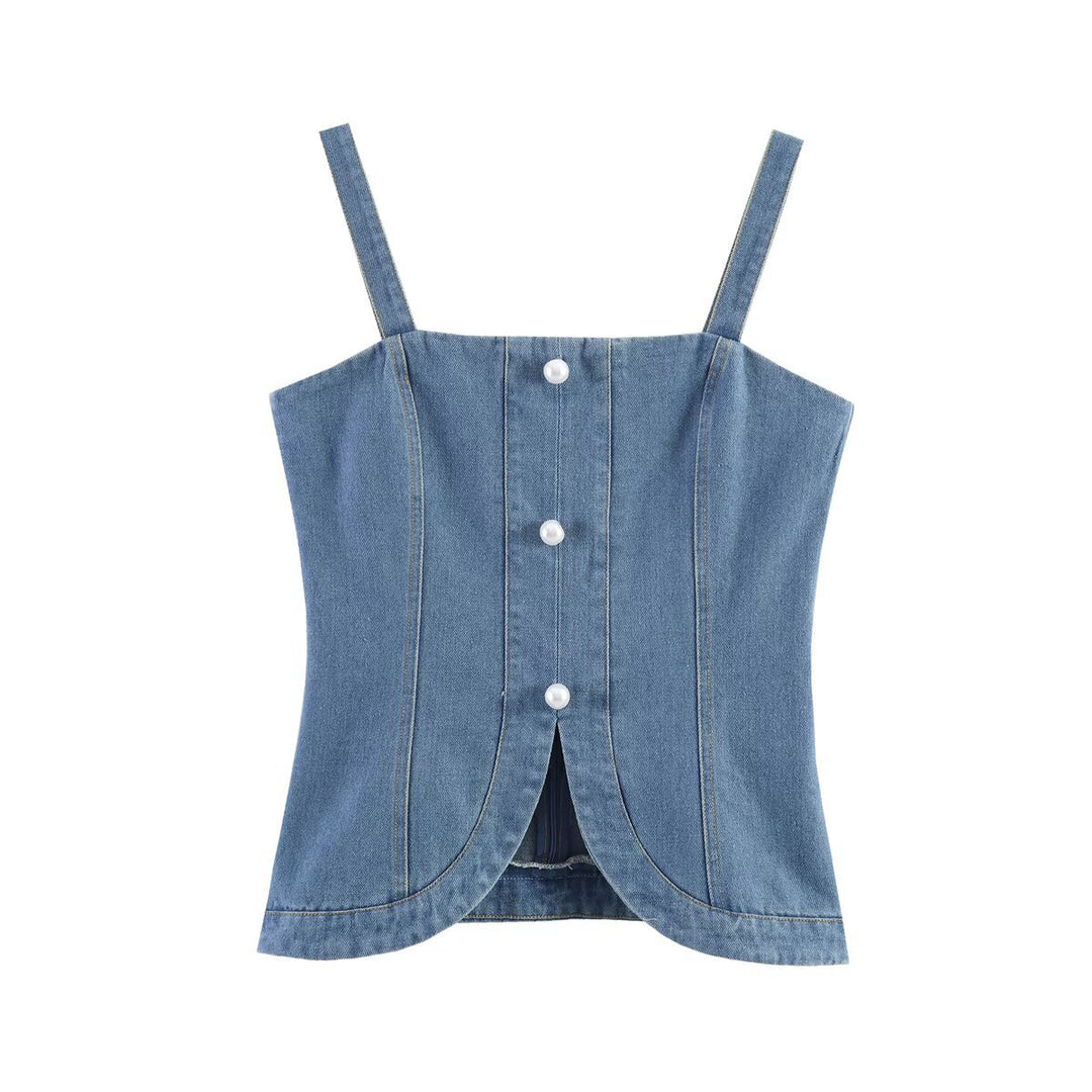 Dame Denim-Cami med tætsiddende pasform og dekorative knapper Skovae