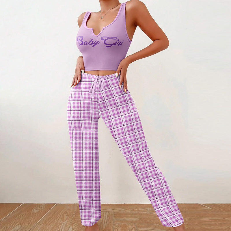 Dame afslappet Crop Top og ternet Bukser Sæt med justerbar linning Stilla