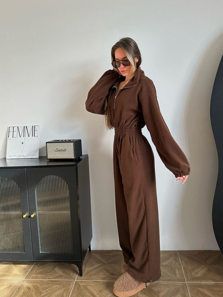 Kvinder Oversized Fleece Jumpsuit med Standkrave og Elastisk Talje Skovae