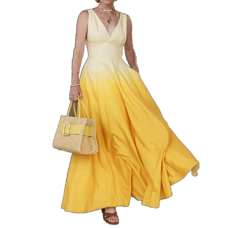 Dame Elegant V-Udskæring Farvegradient Maxi Kjole Stilla