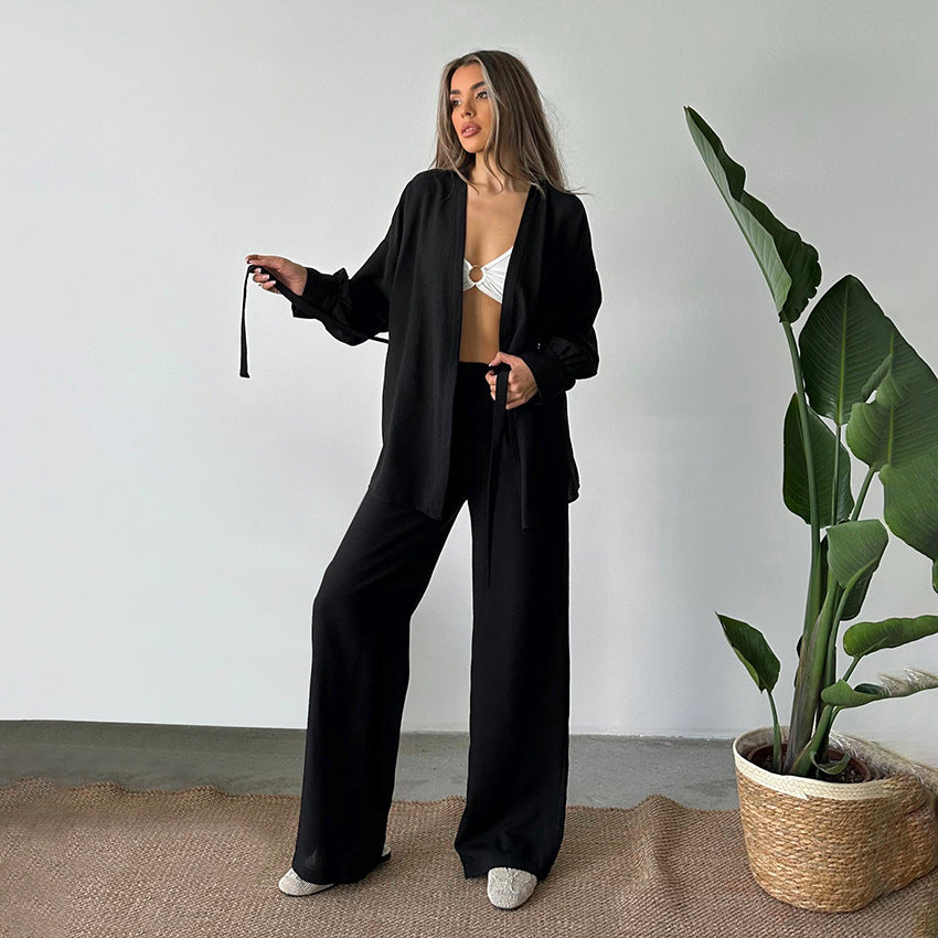 Damer elegant loungewear-sæt med løstsiddende blusejakke og bredt skårne bukser Stilla