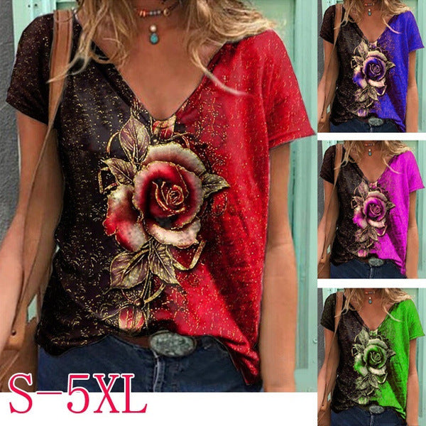 Dame Kunstnerisk Blomster Grafik V-Udsnit T-Shirt Stilla