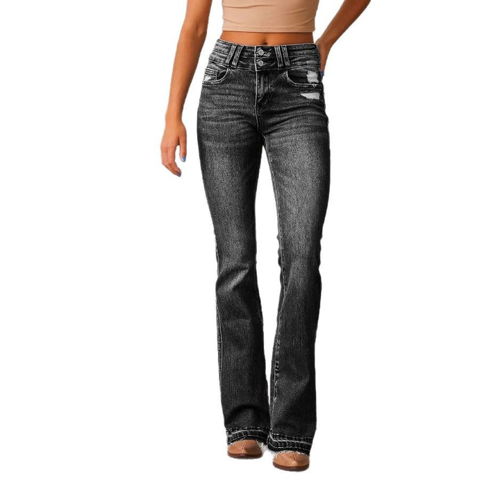 Kvindernes højtaljede flared jeans med fashionable distressed detaljer Stilla