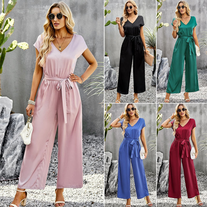 Dame Elegant Jumpsuit med V-udskæring og Bindebælte Skovae