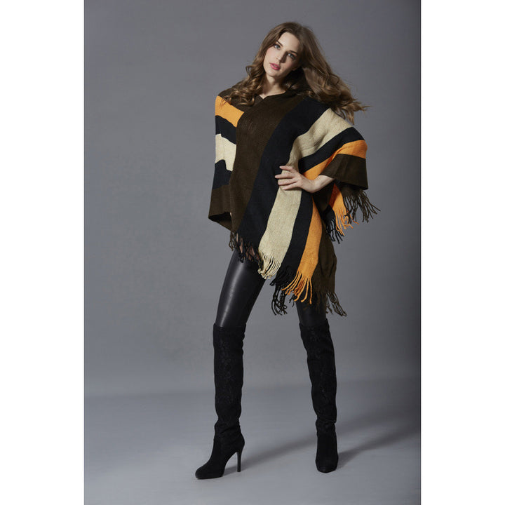 Dame geometrisk print poncho med frynse-bund Stilla